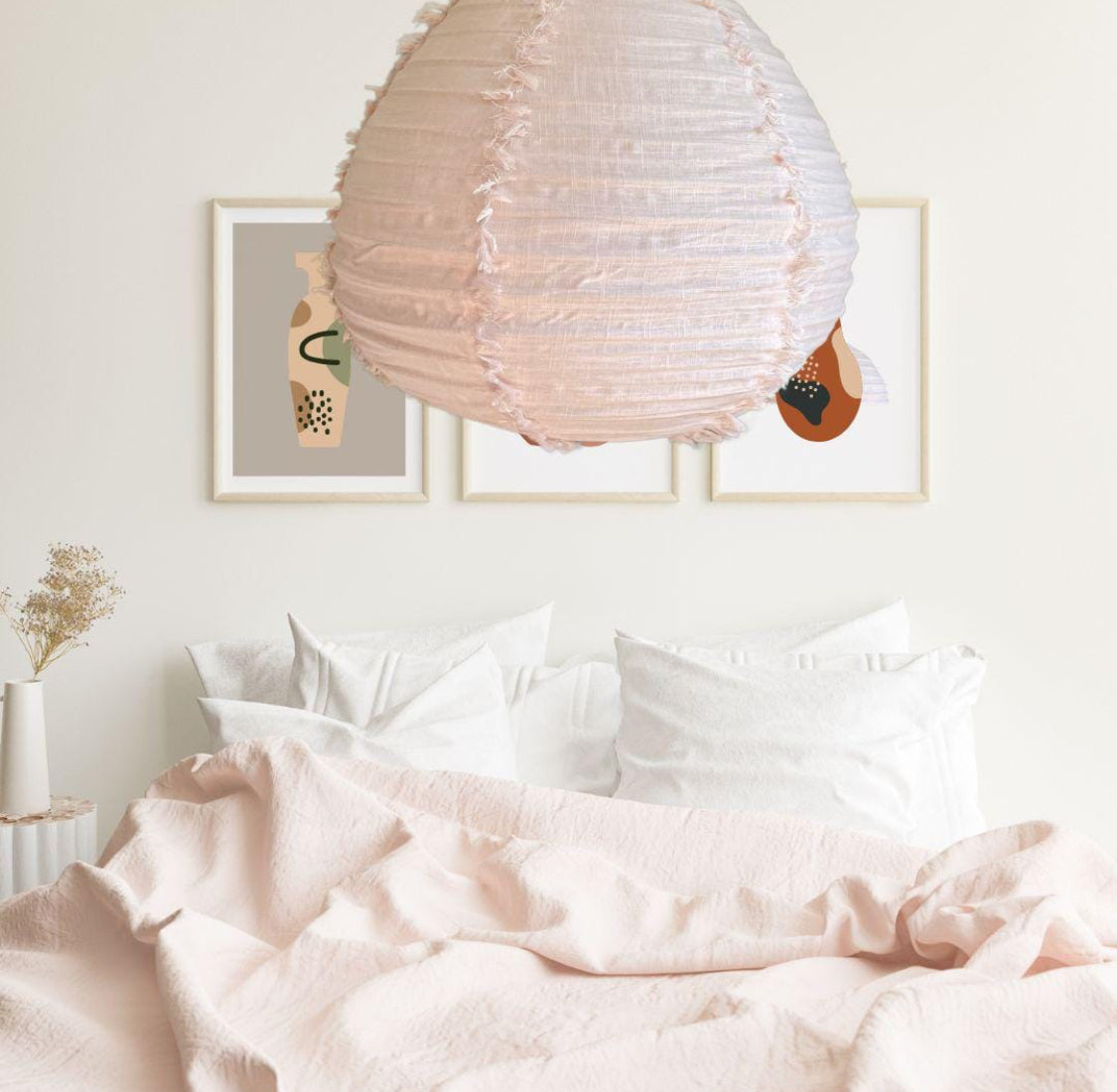 Handmade Linen Light Pendant with fringing in Blush Pink.