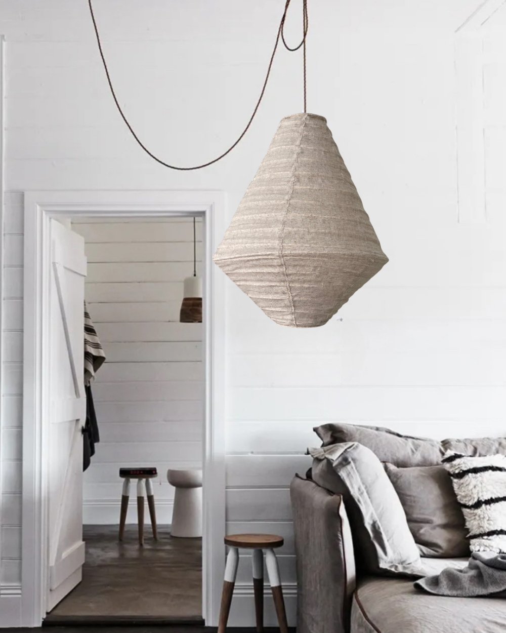 Diamont Natural linen pendant light shade. Hanging swag style with accessories