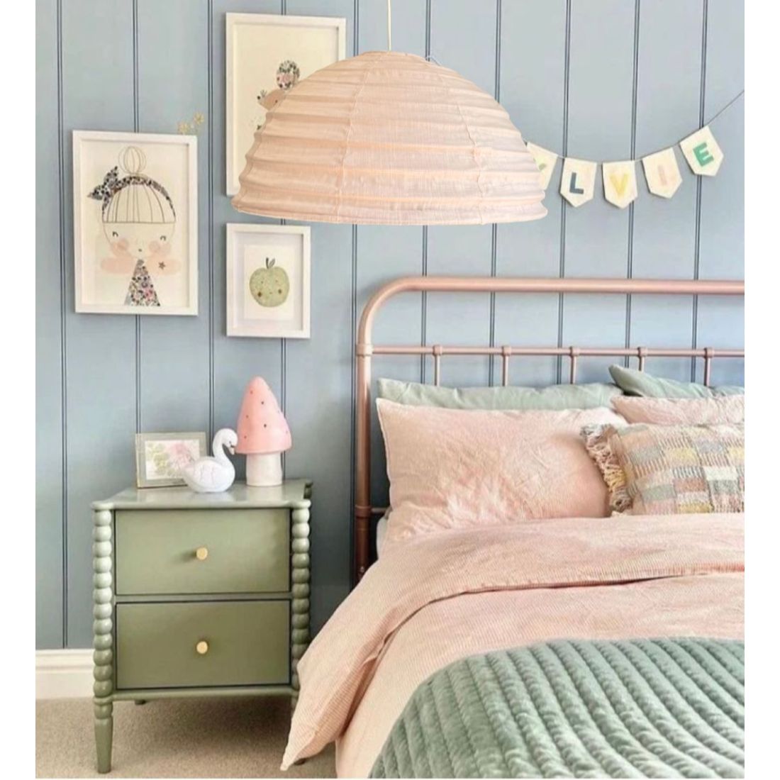 Dome shaped fabric pendant light in Blush Pink colour. 