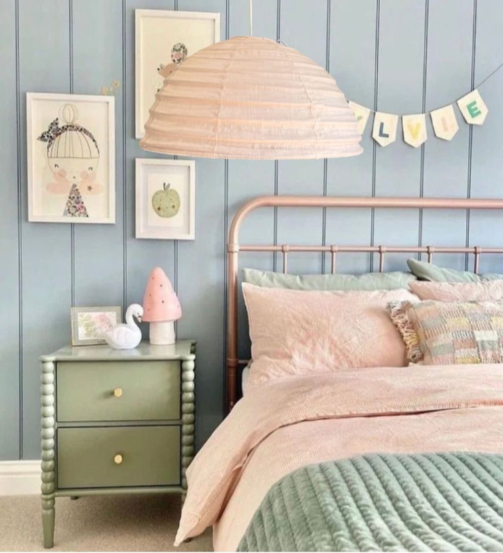 Dome shaped fabric pendant light in Blush Pink colour. 