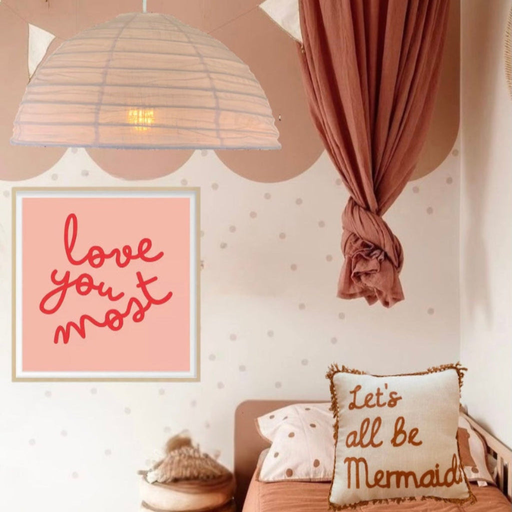 Lumi Dome-shaped linen pendant light, Polka dot-printed organic cotton pillow case for children's room, and bed linen.