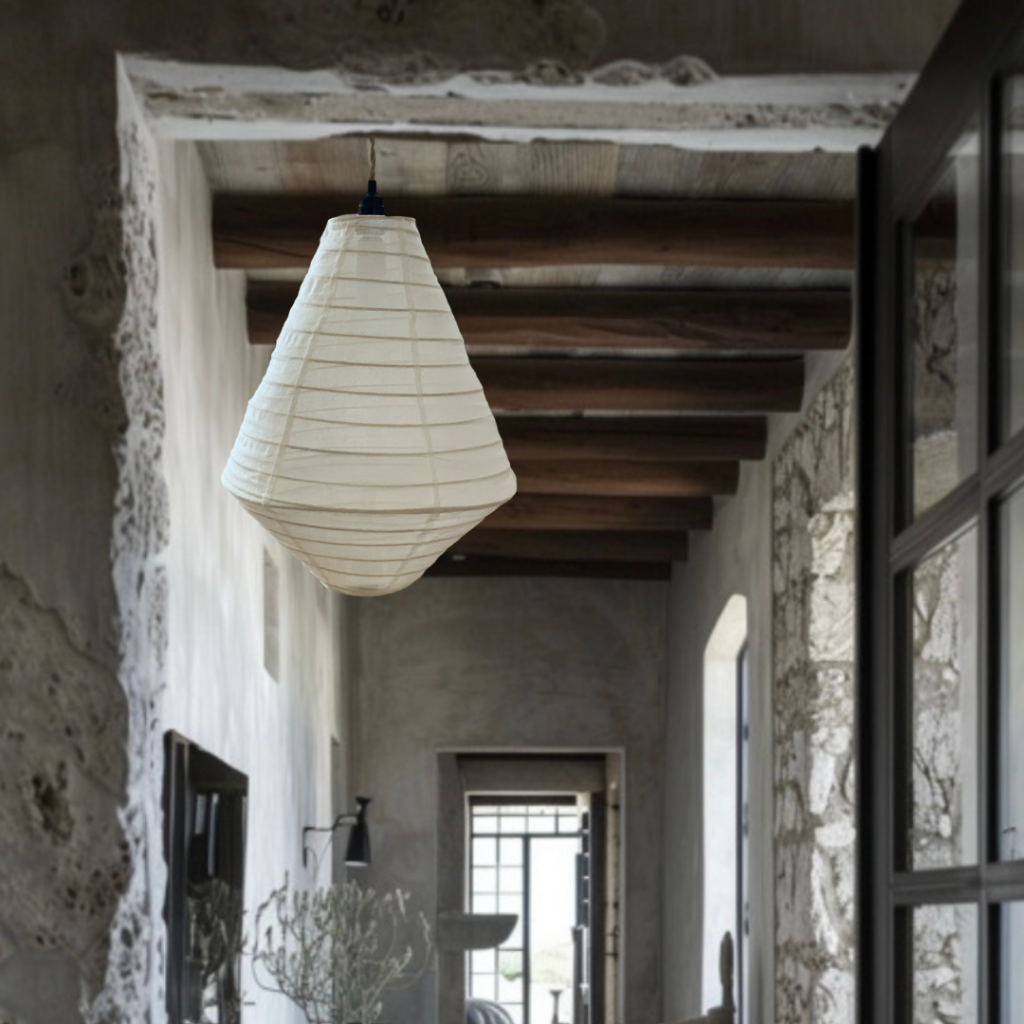 Warm, White diamond-shaped linen pendant light with Organic Linen fabric over a bamboo frame. Wabi-Sabi design and style.
