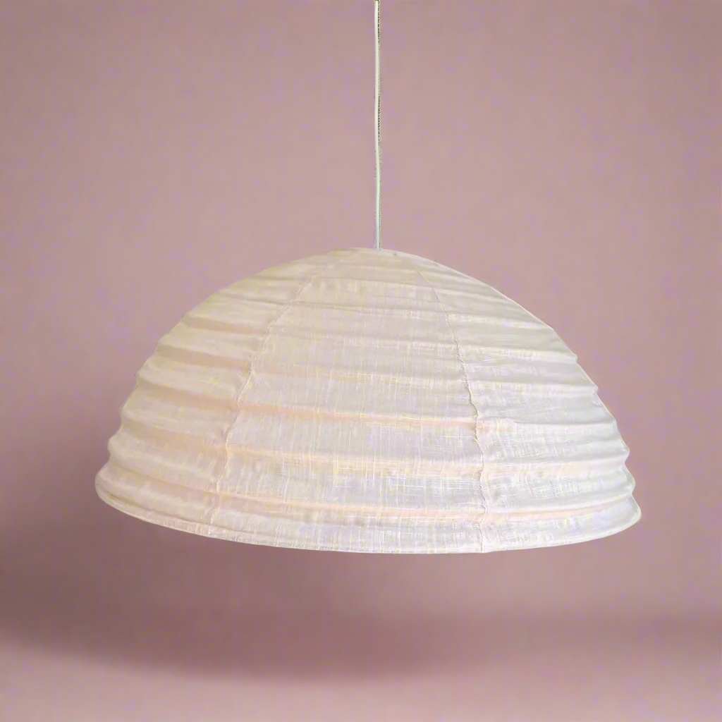 Linen half dome fabric light shade in Blush Pink. Ideal for a baby's nursery light.