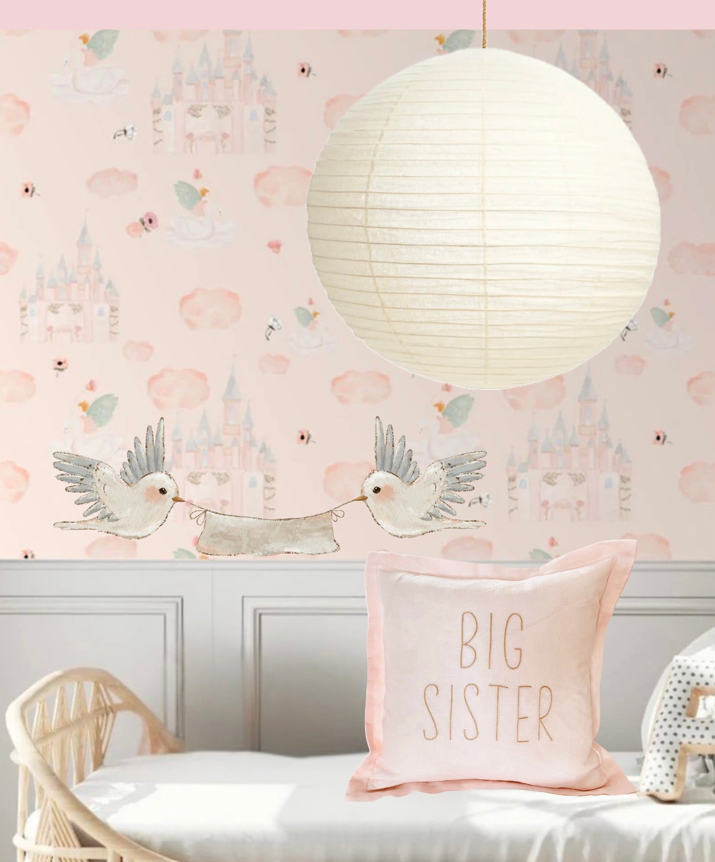 Round linen pendant light shade, in a girl's bedroom with a Big sister cushion.
