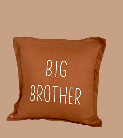 Brown pillow with 'BIG BROTHER' text on a beige background