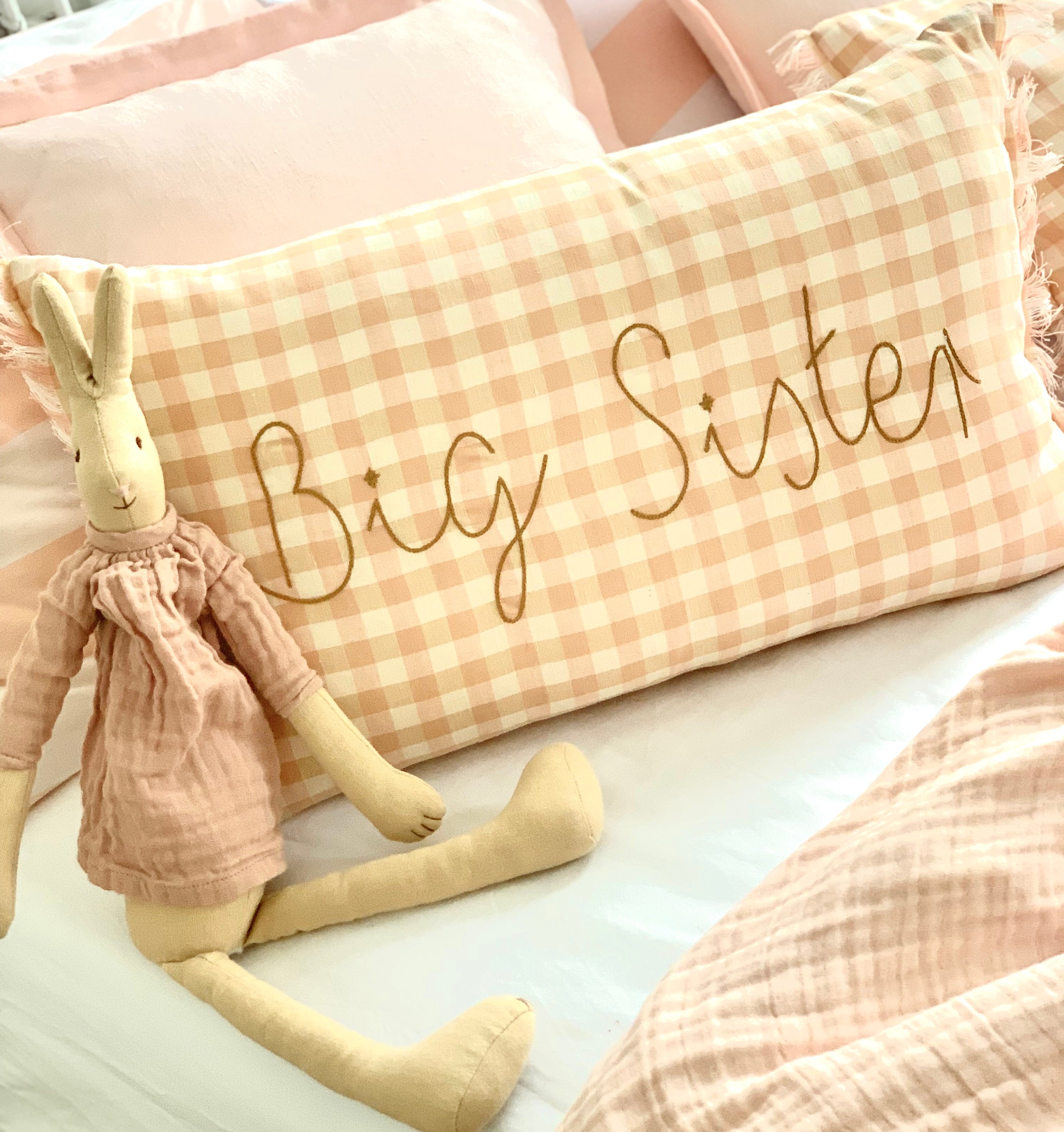 big sister linen cushion in pink gingham