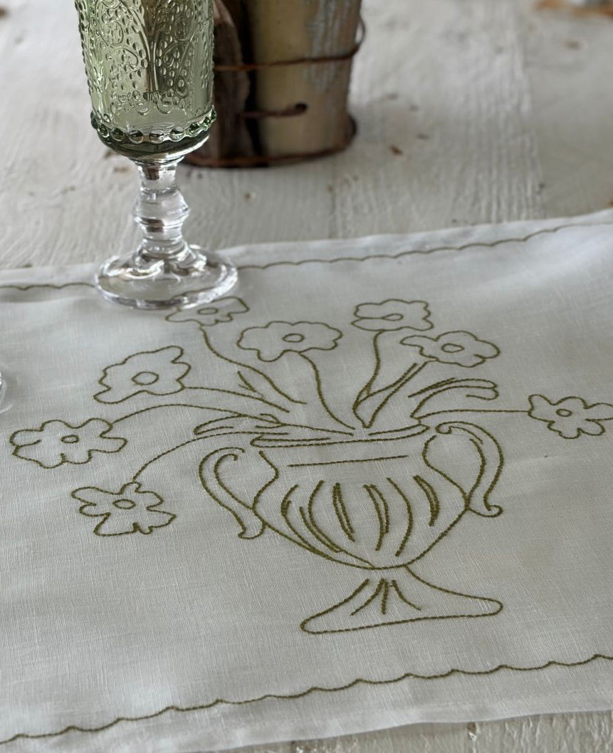 embroidered linen placemat olive green and white 100% linen
