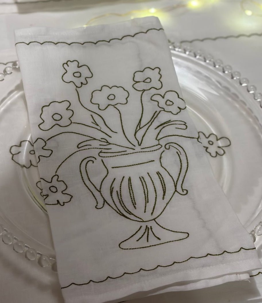 White Linen with olive green embroidery floral design on glass plate