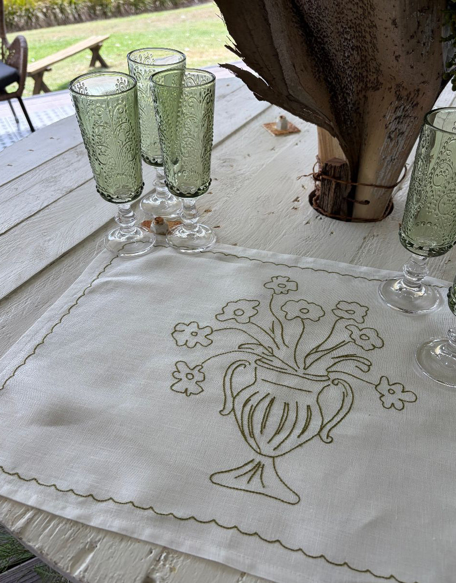 green goblet glasses with linen placemat olive green embroidered 