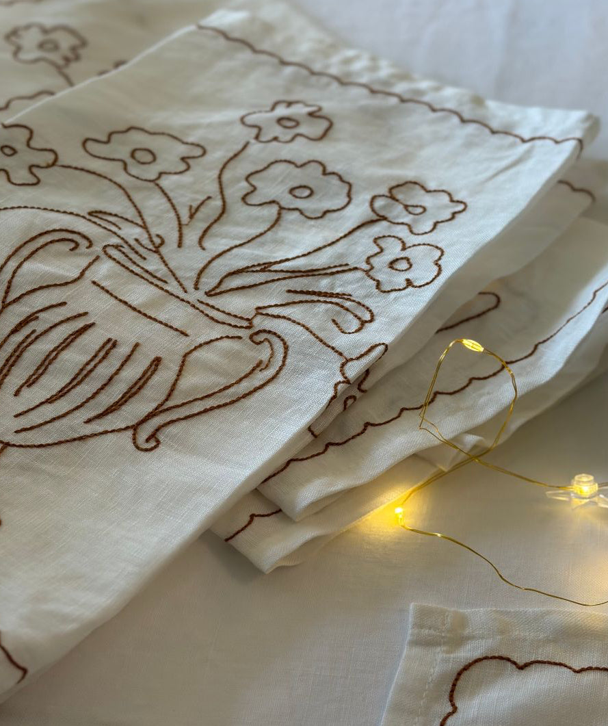 Embroidered fabric with floral and teapot design on a white background with string lights.