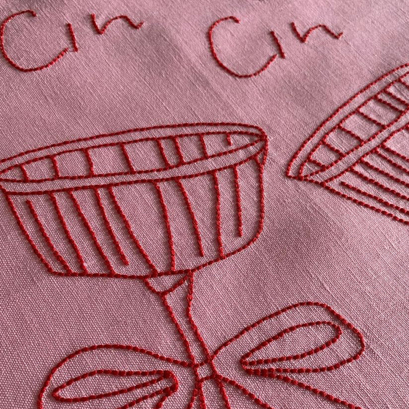 pink 100% linen embroidery design glasses cin cin