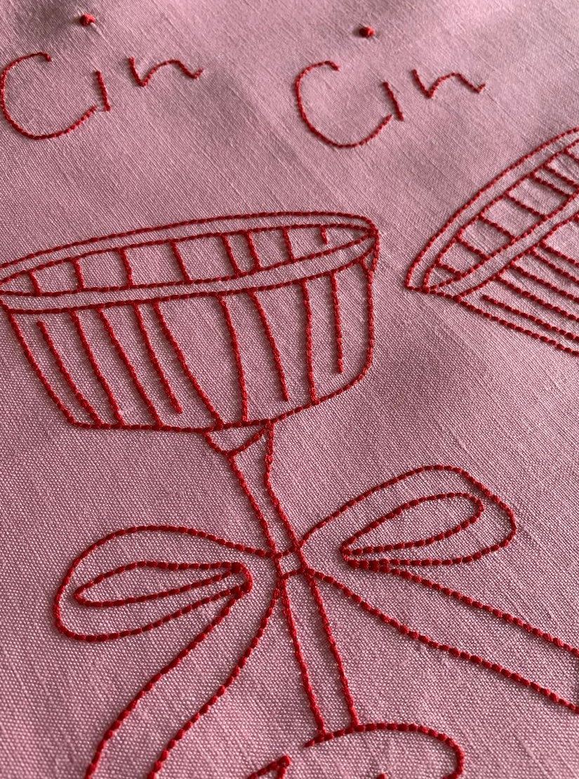 pink 100% linen embroidery design glasses cin cin