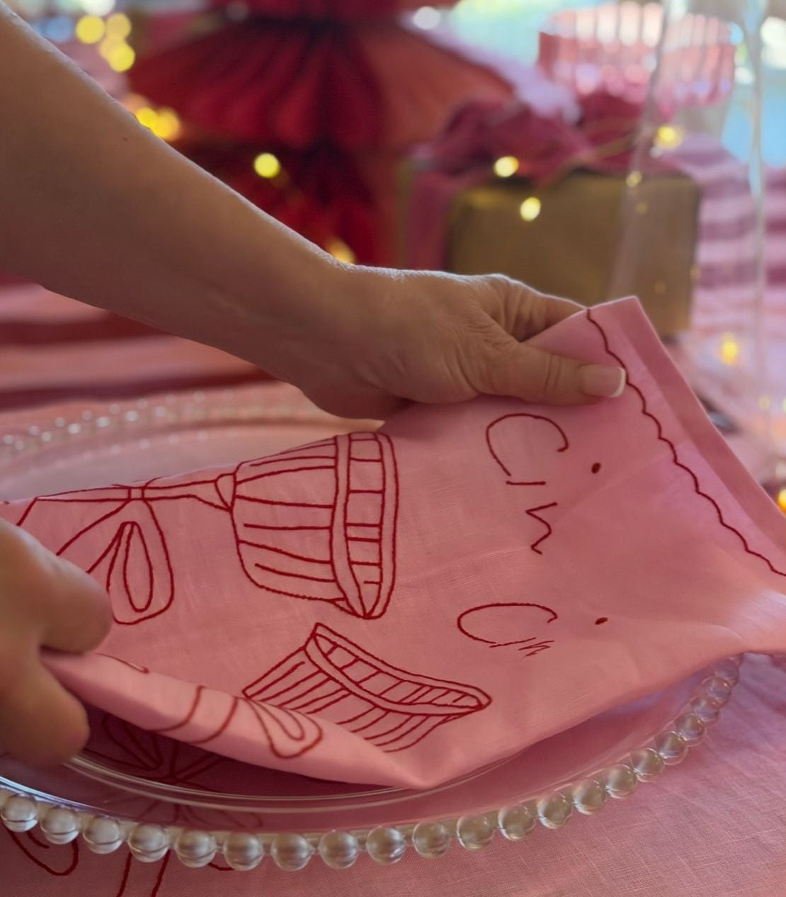 Cin Cin - Linen Placemat Pink- Raspberry Red