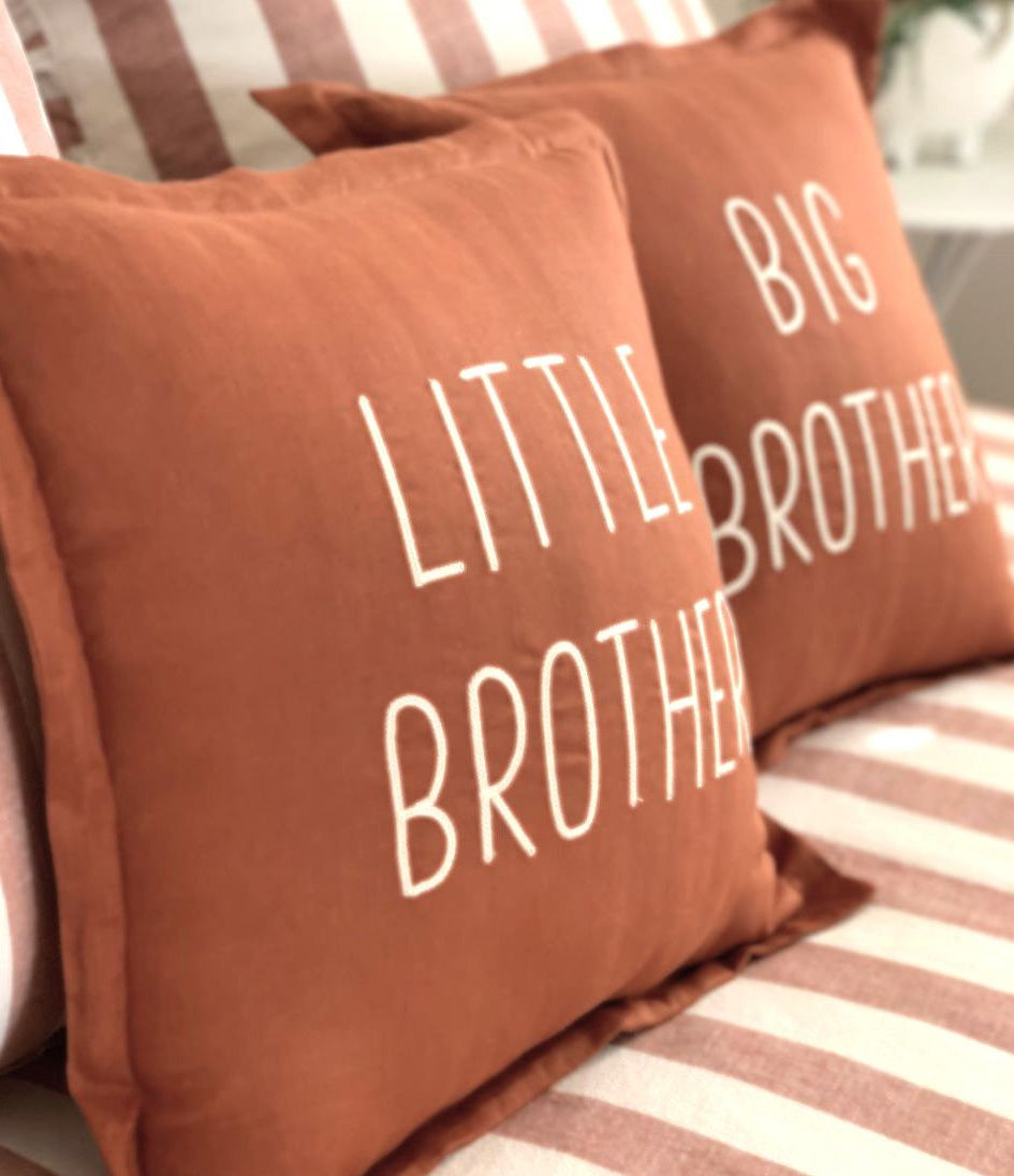 two brother linen rust colour cushions embroidery ivory big and little brothers