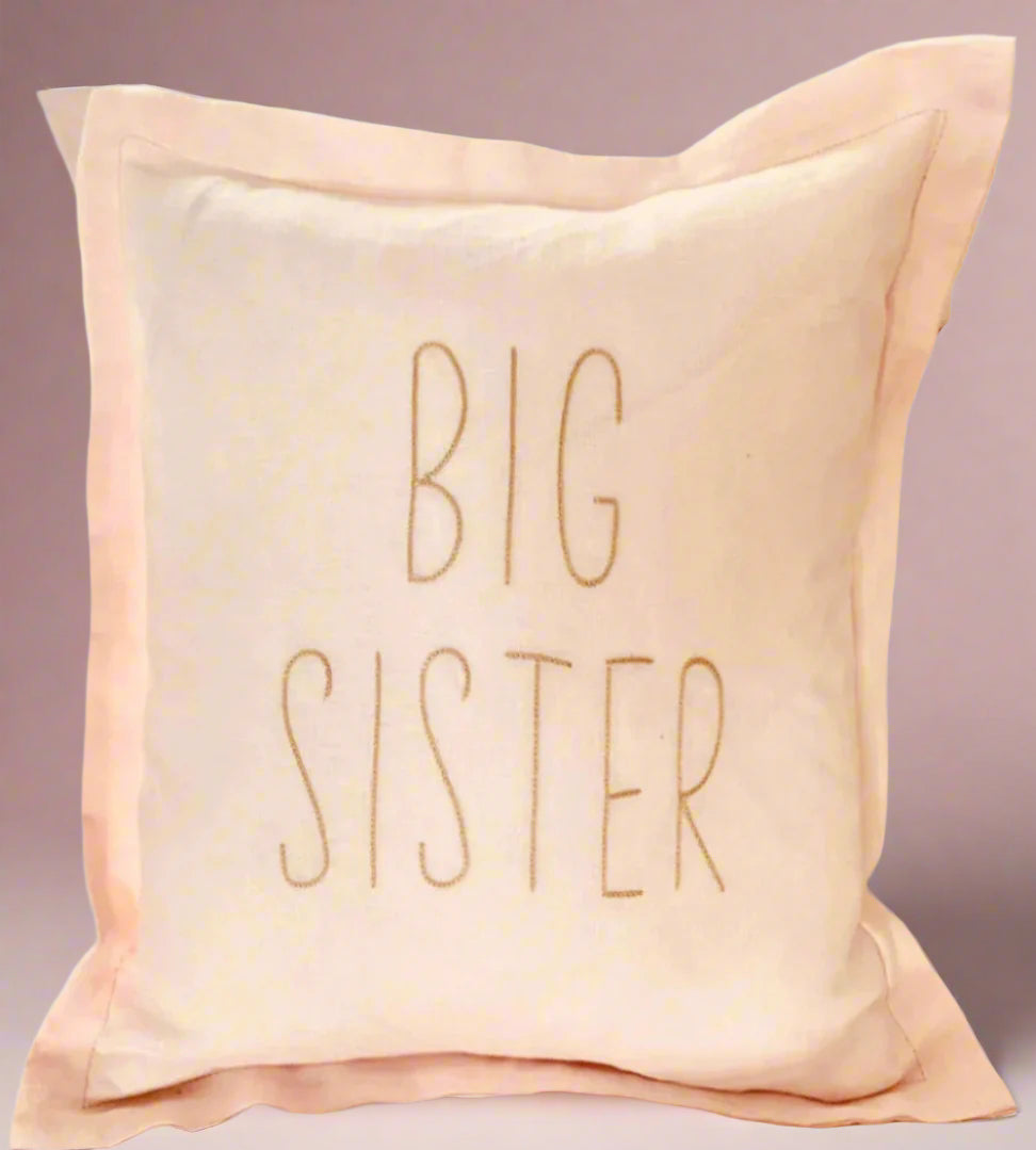 Big Sister Linen Cushion  Pink 40 x 40cm Pale Pink Natural Embroidery