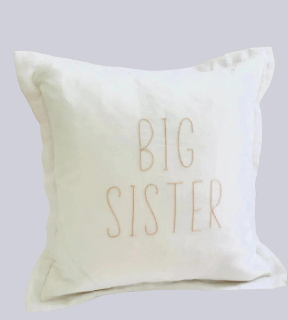 Big Sister Linen Cushion White 40 x 40cm Linen Pink Embroidery