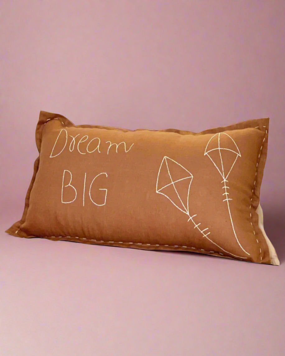 Dream Big Linen Cushion Rust Linen Ivory Hand Embroidery