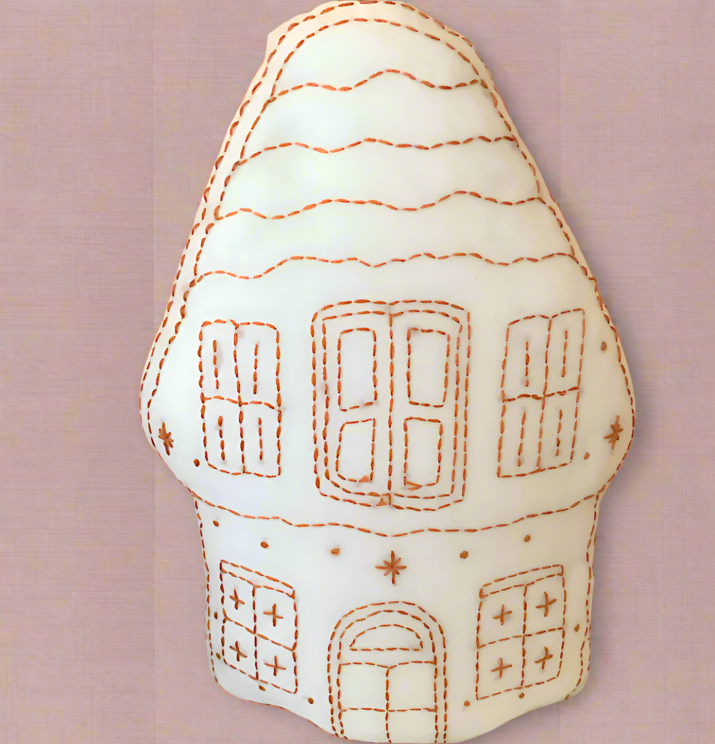 Gingerbread House Cushion off white cotton with tan embroidery polka dot reverse back printed fabric 35cm