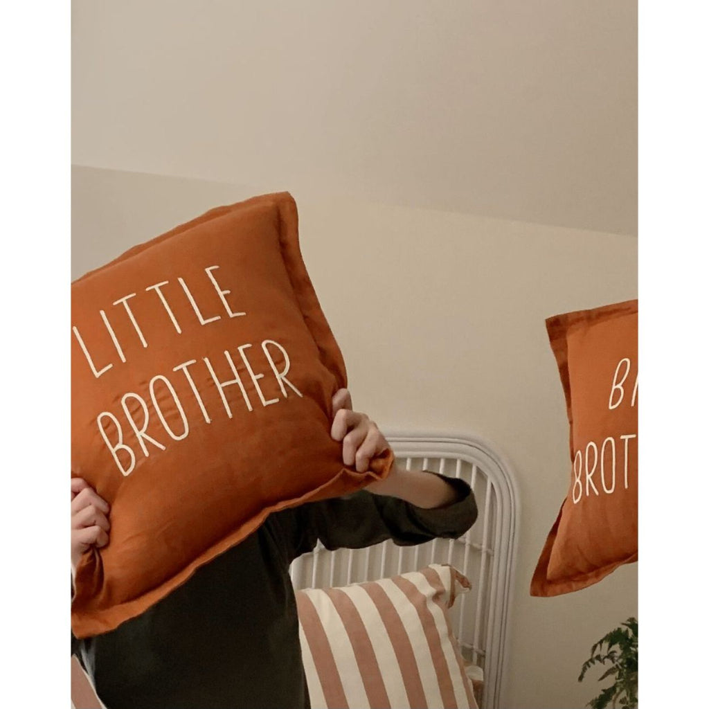 Little Brother Cushion Rust Ivory Embroidery with Big Brother Cushion