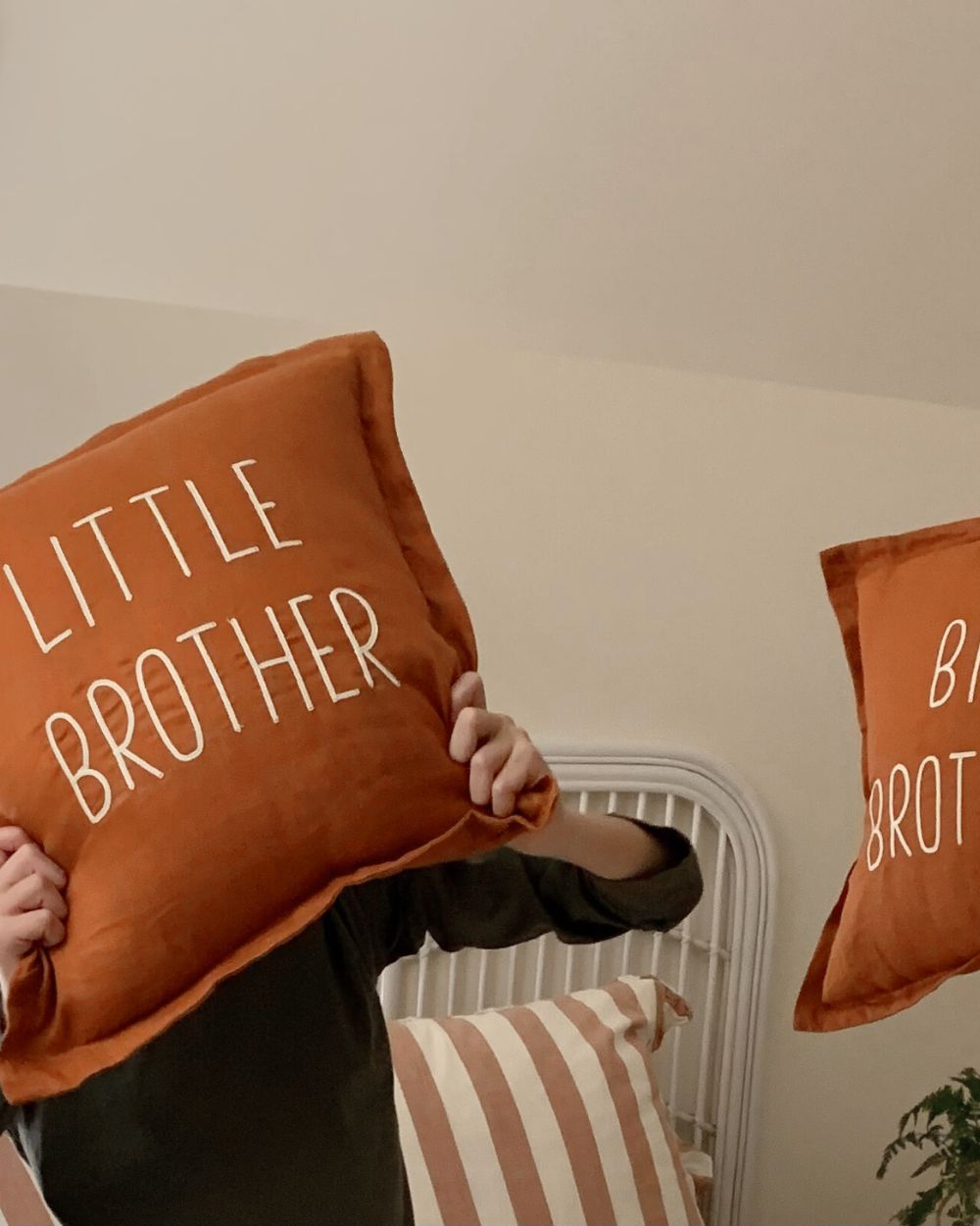 Little Brother Cushion Rust Ivory Embroidery with Big Brother Cushion