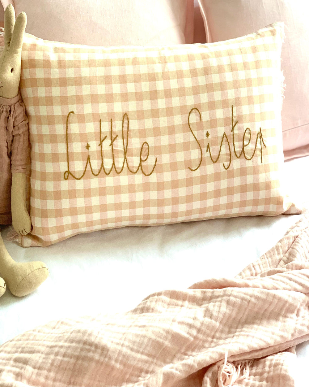Little Sister Cushion Peach  and Pink Gingham 30cm x 50cm Linen Cotton zipper closure frayed edge trim