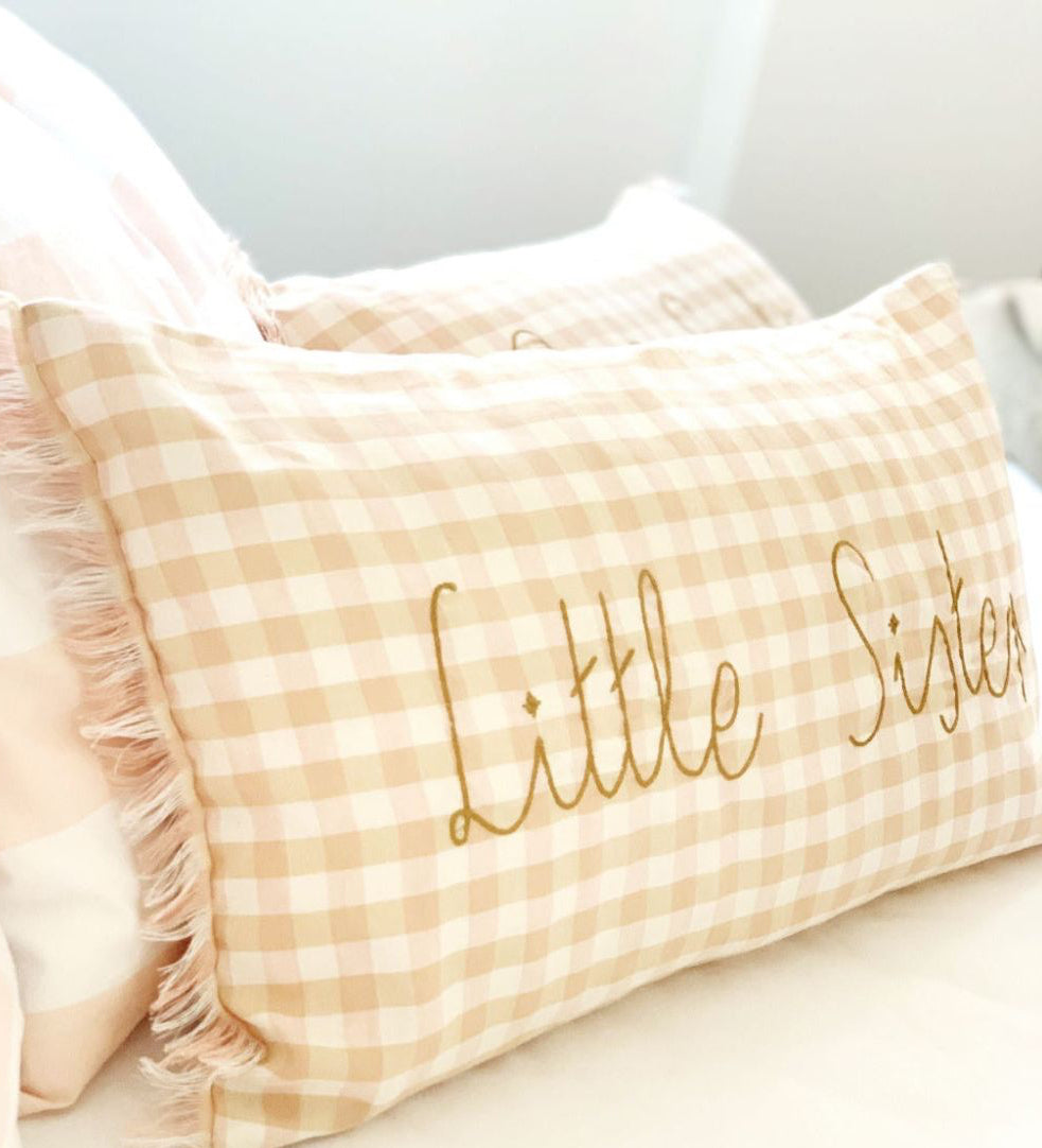 Little Nordic Sol  cushion linen cotton peach and pink gingham checks frayed edge trim zipper back closure  30cm x 50cm 