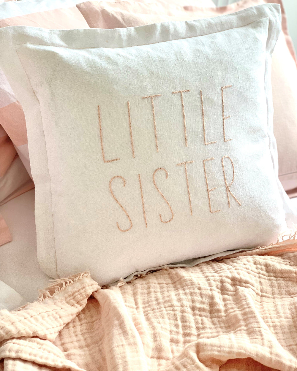 Little Sister White Linen Cushion Pale Pink Embroidery 40cm x40cm