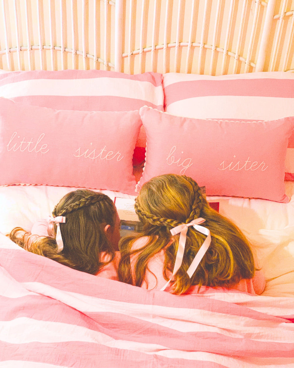 2 sisters linen pink cushions big and little girls 