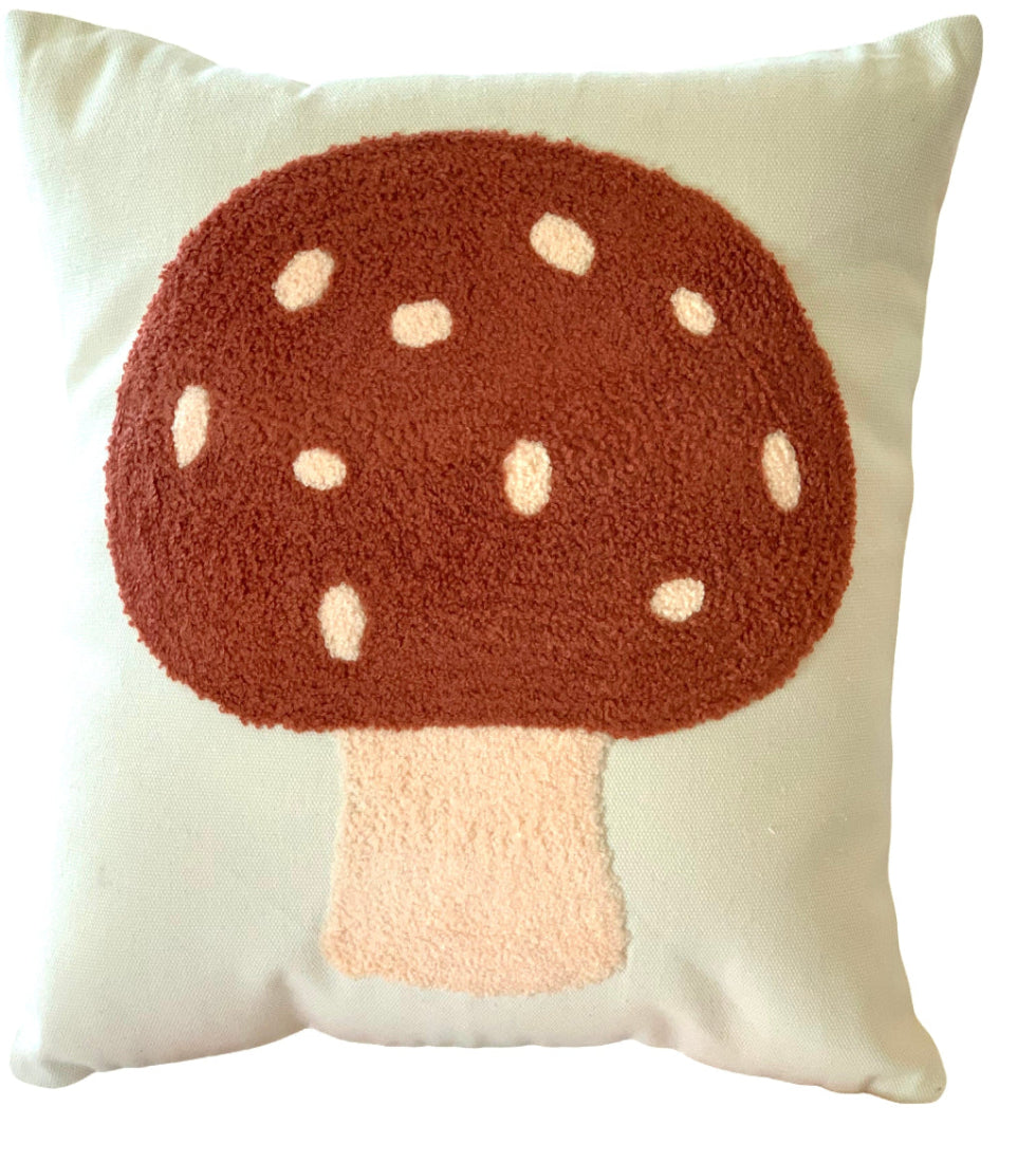 Cushion feturing tufted cushion mushroom on cotton canvas  with pocket back with embroidery fairyletters comes with fairy letter postcards