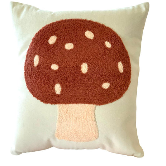 Cushion feturing tufted cushion mushroom on cotton canvas  with pocket back with embroidery fairyletters comes with fairy letter postcards