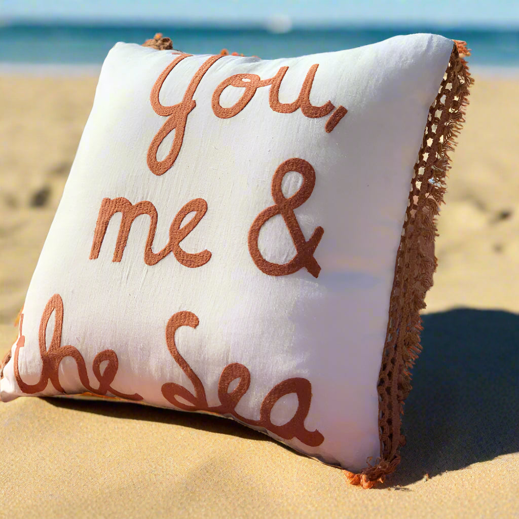 You, Me, and The Sea Ivory linen cushion cover with Bran Rust fringed detail and embroidery.