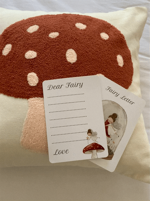 Mushroom tufted cushion with fairy letter pocket 