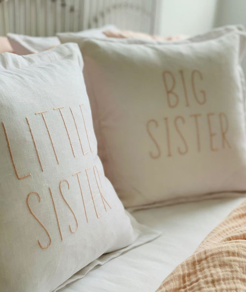 Little Sister Cushion and Big Sister Cushion White Linen Pink Embroidery 40cm x 40cm