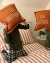 brothers holding embroidered brothers linen rust cushions 40cm x 40cm bi and little brothers cushions