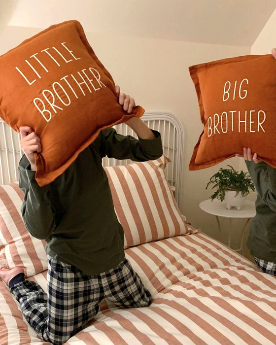 brothers holding embroidered brothers linen rust cushions 40cm x 40cm bi and little brothers cushions