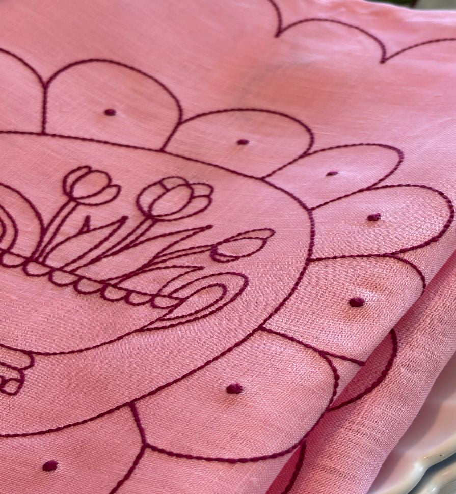 Close-up of a pink fabric with floral embroidery design