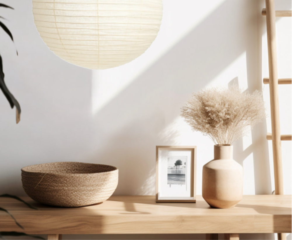 round handmade linen white hanging pendant light shade hanging above wooden shelf