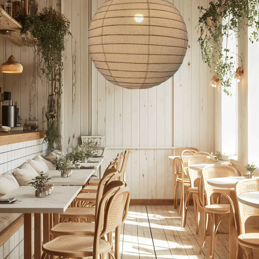 Nest cafe interior with wooden tables, chairs, and pendant light linen.