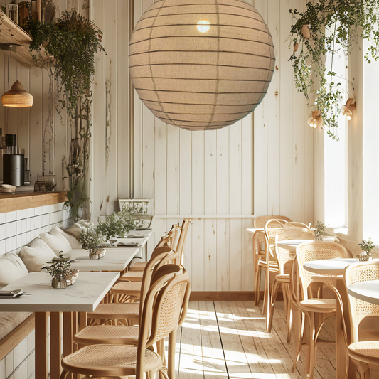 Nest cafe interior with wooden tables, chairs, and pendant light linen.