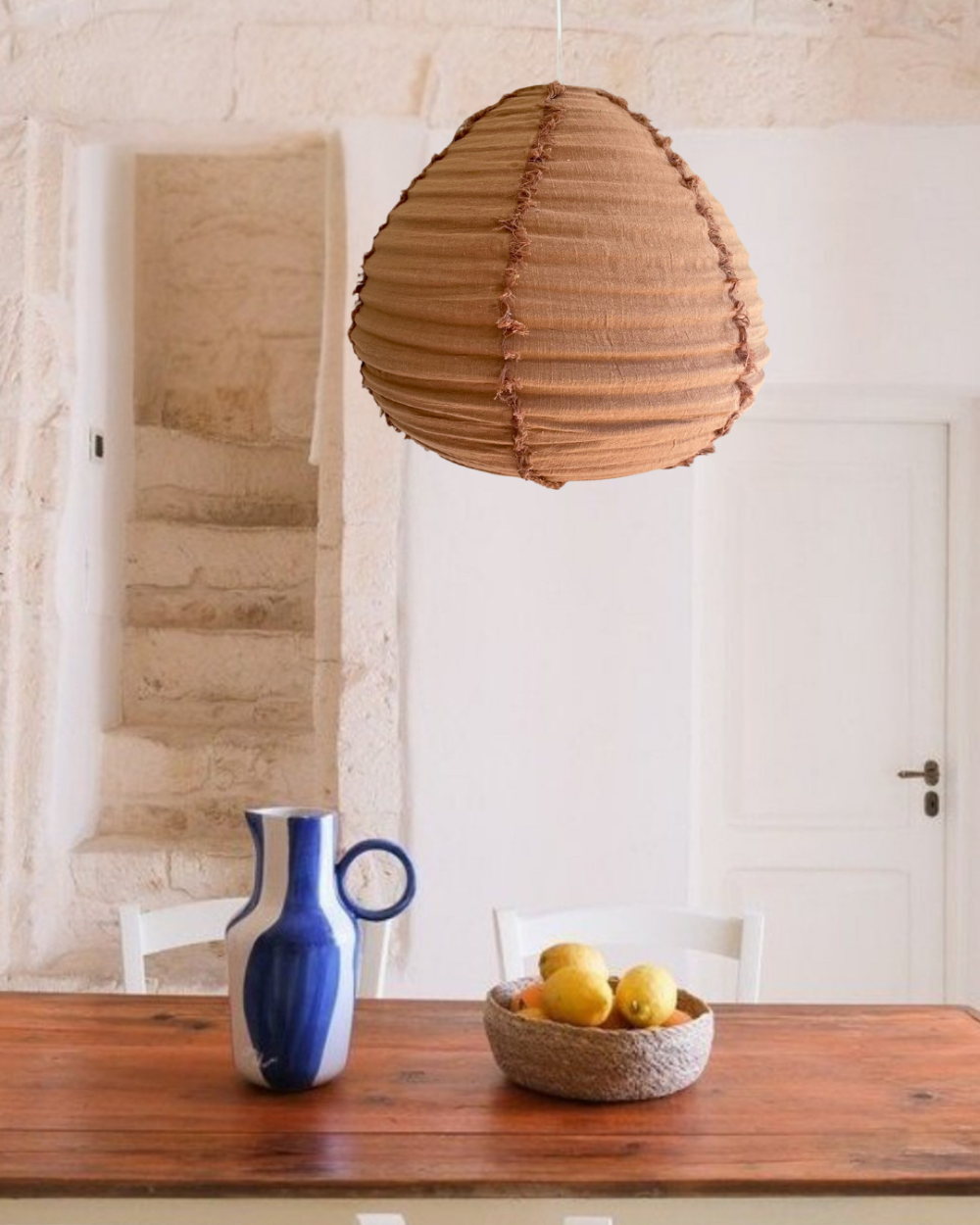 Pendant pear shaped light shade organic linen mocha mousse colour.