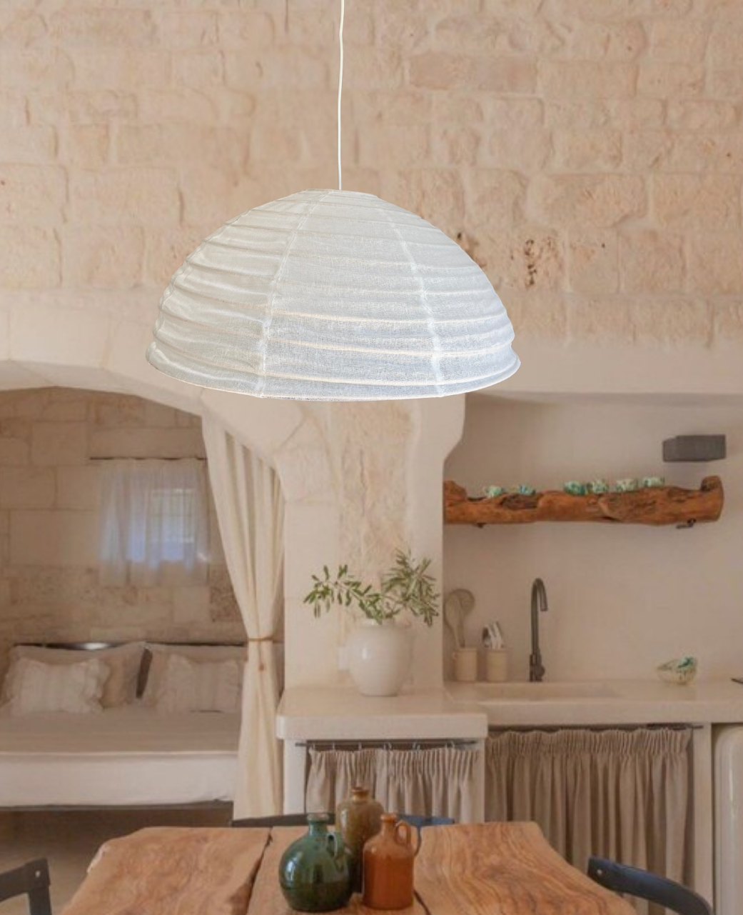 60cm dome linen pendant light in warm white.