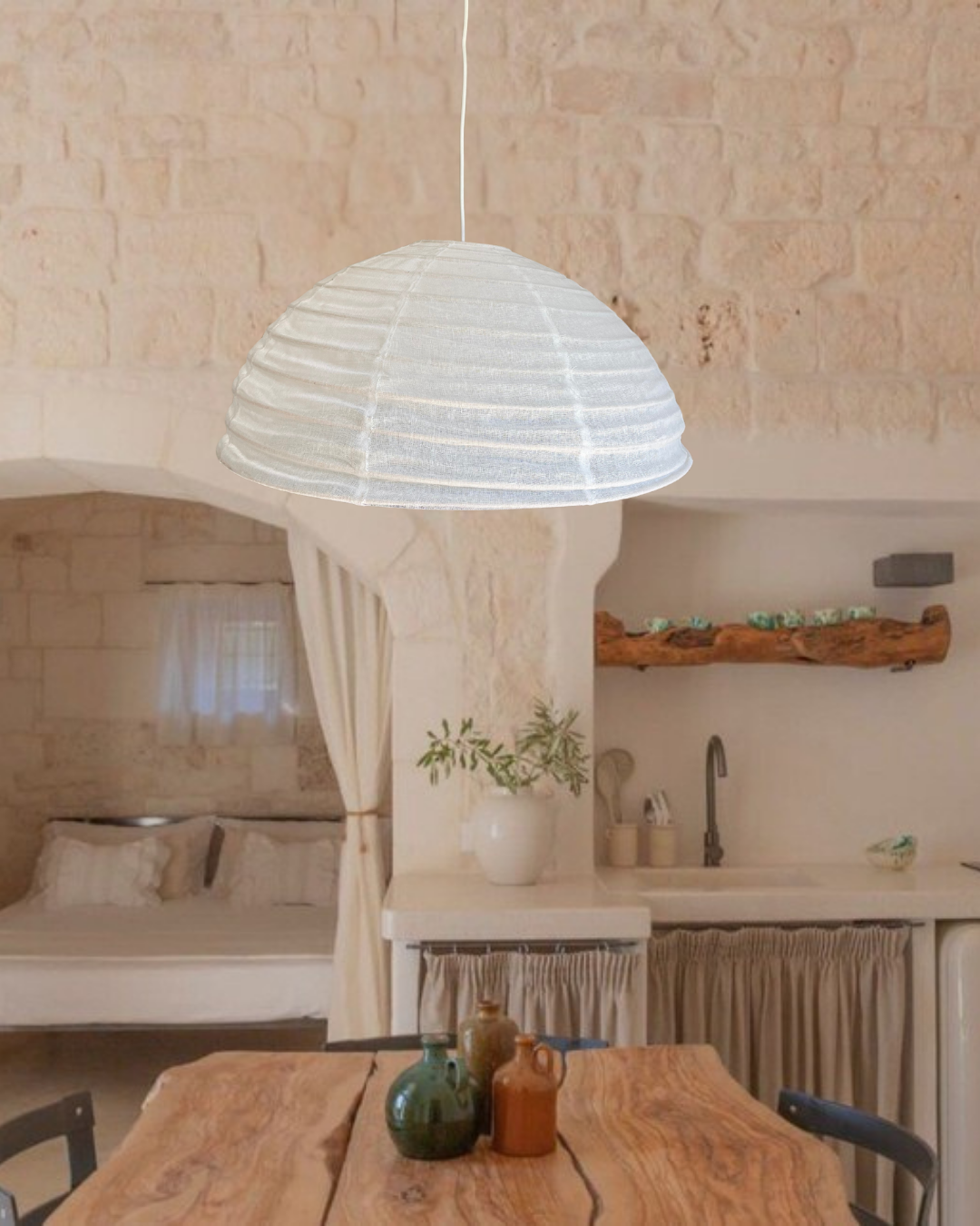 60cm dome linen pendant light in warm white.