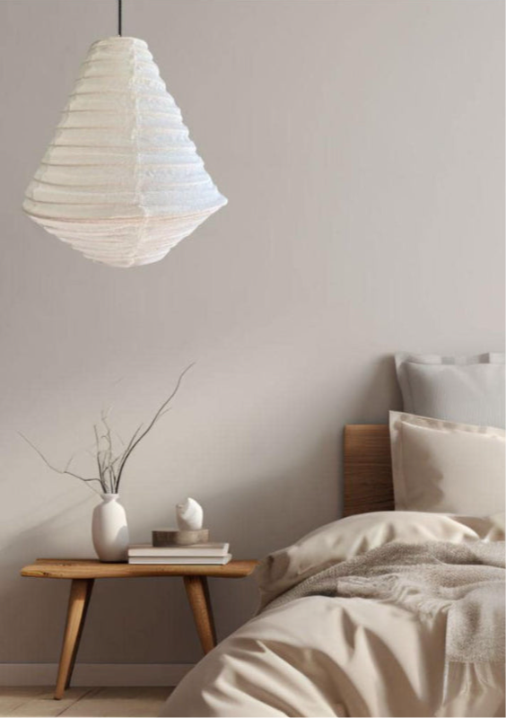 Modern bedroom with a pendant lamp, linen white diamond. 
