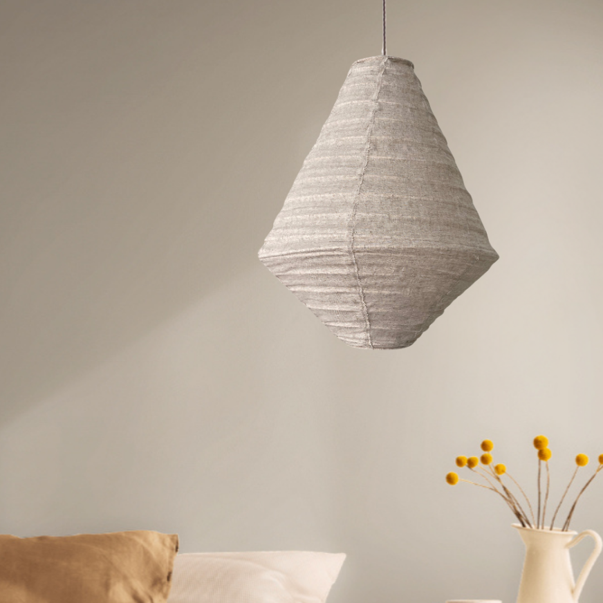 Linen lamp shade diamond shaped in natural taupe colour.