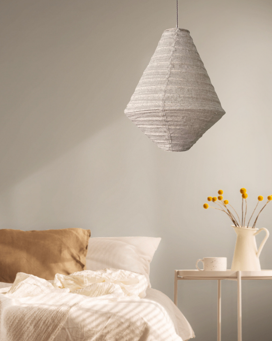 Linen lamp shade diamond shaped in natural taupe colour.