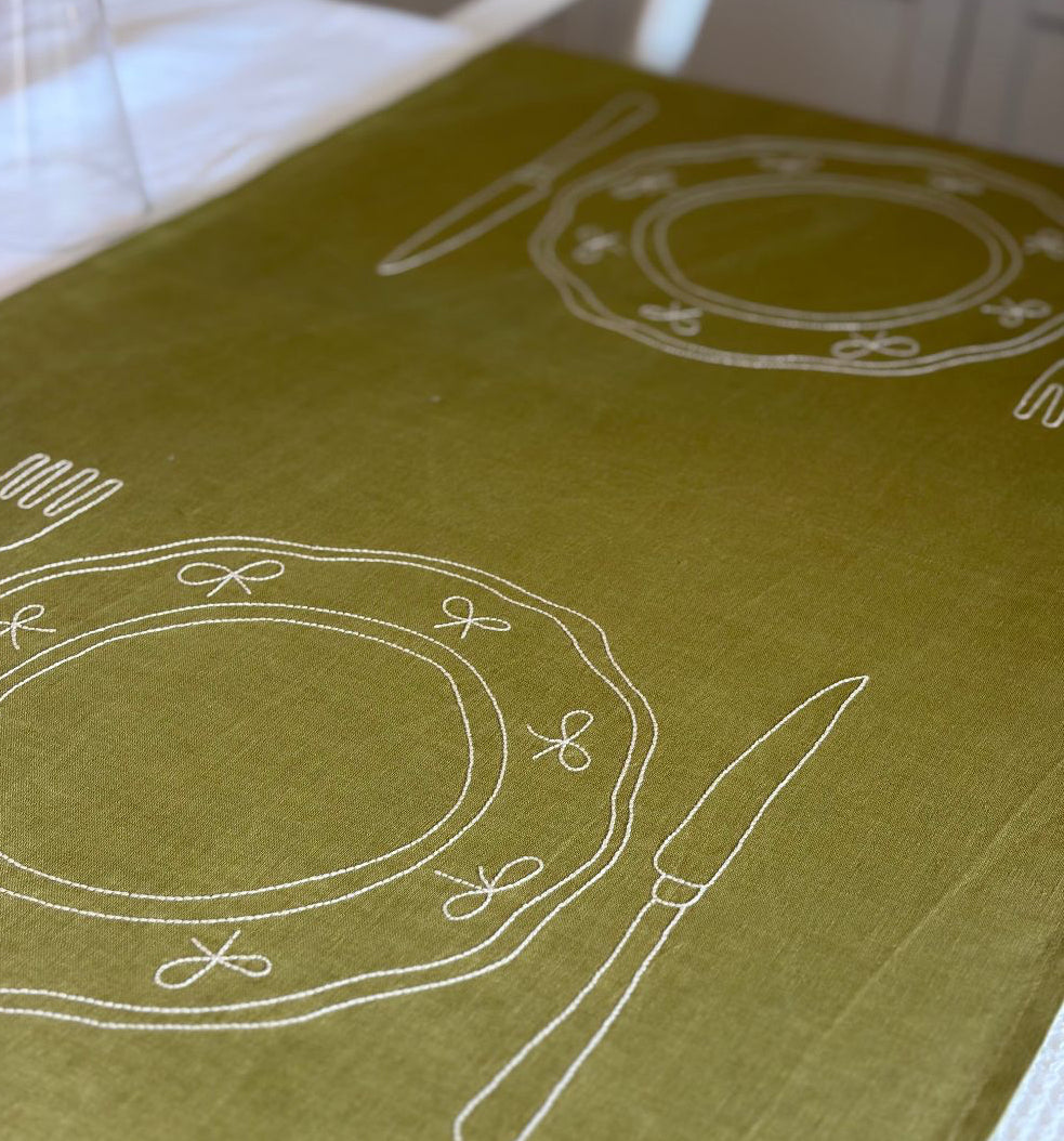 Duo Placemat - Linen Double Plate Design Olive and White