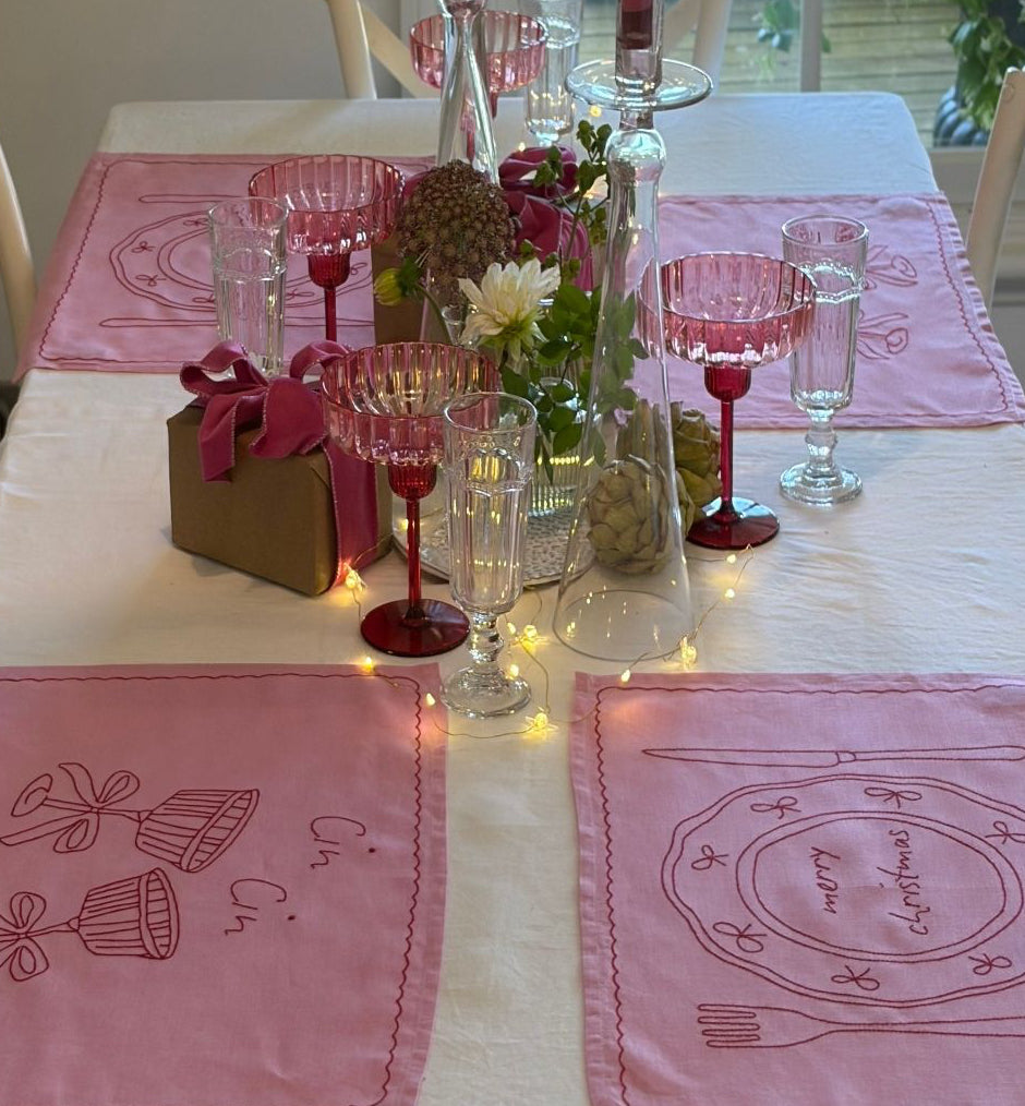 table sape dining merry christmas linen celebration pink and red embroidery 