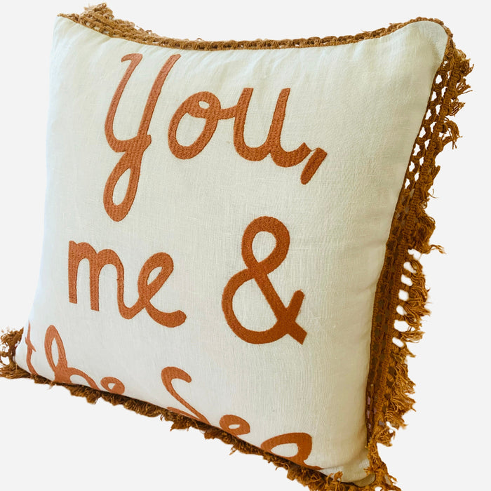 You Me & the Sea - Cushion Ivory Linen with Bran Embroidery 45cm x 45cm