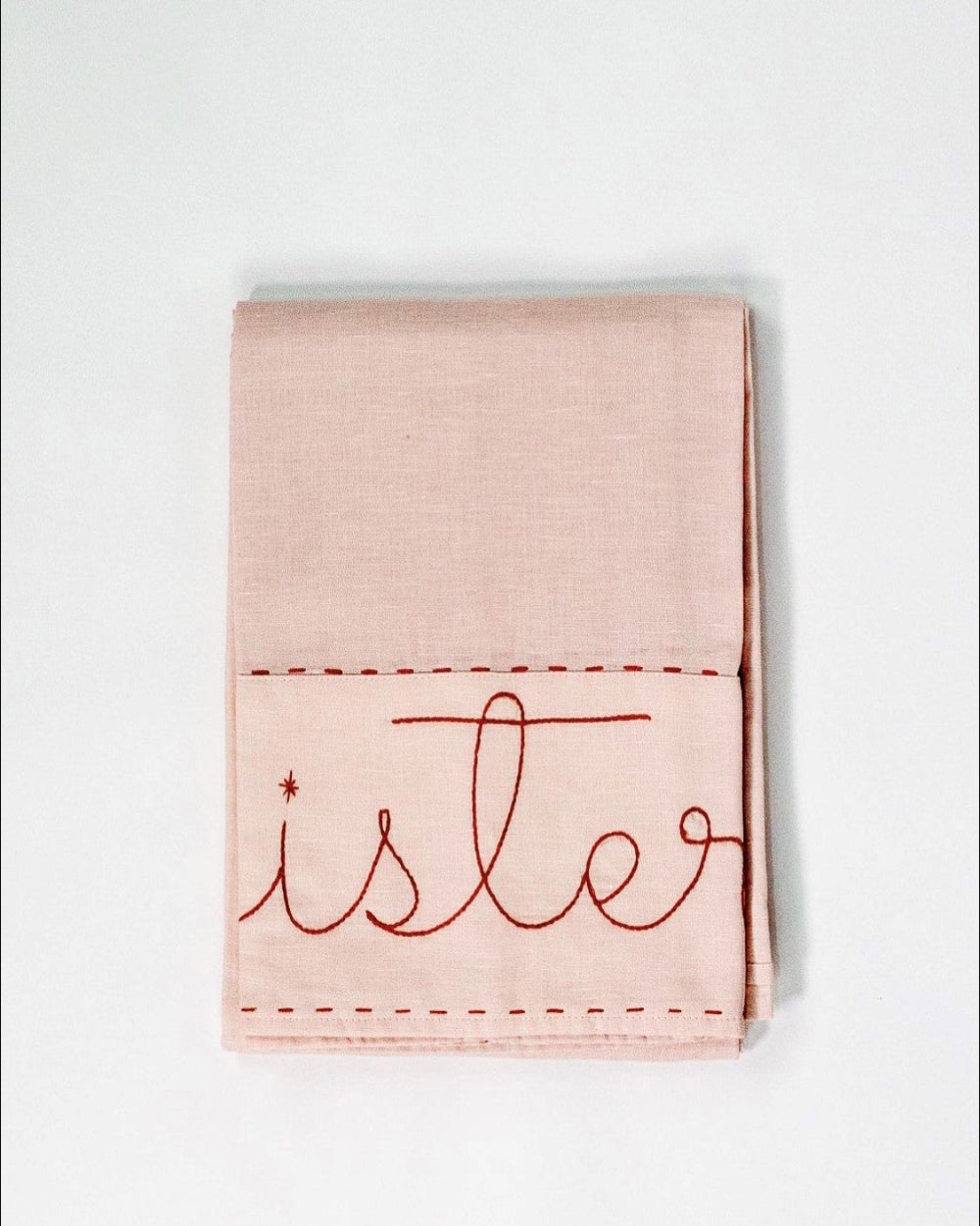 Big Sister  Pink  Cotton Linen Flat Bed Sheet Hand Stitched Embroidery in Tan 