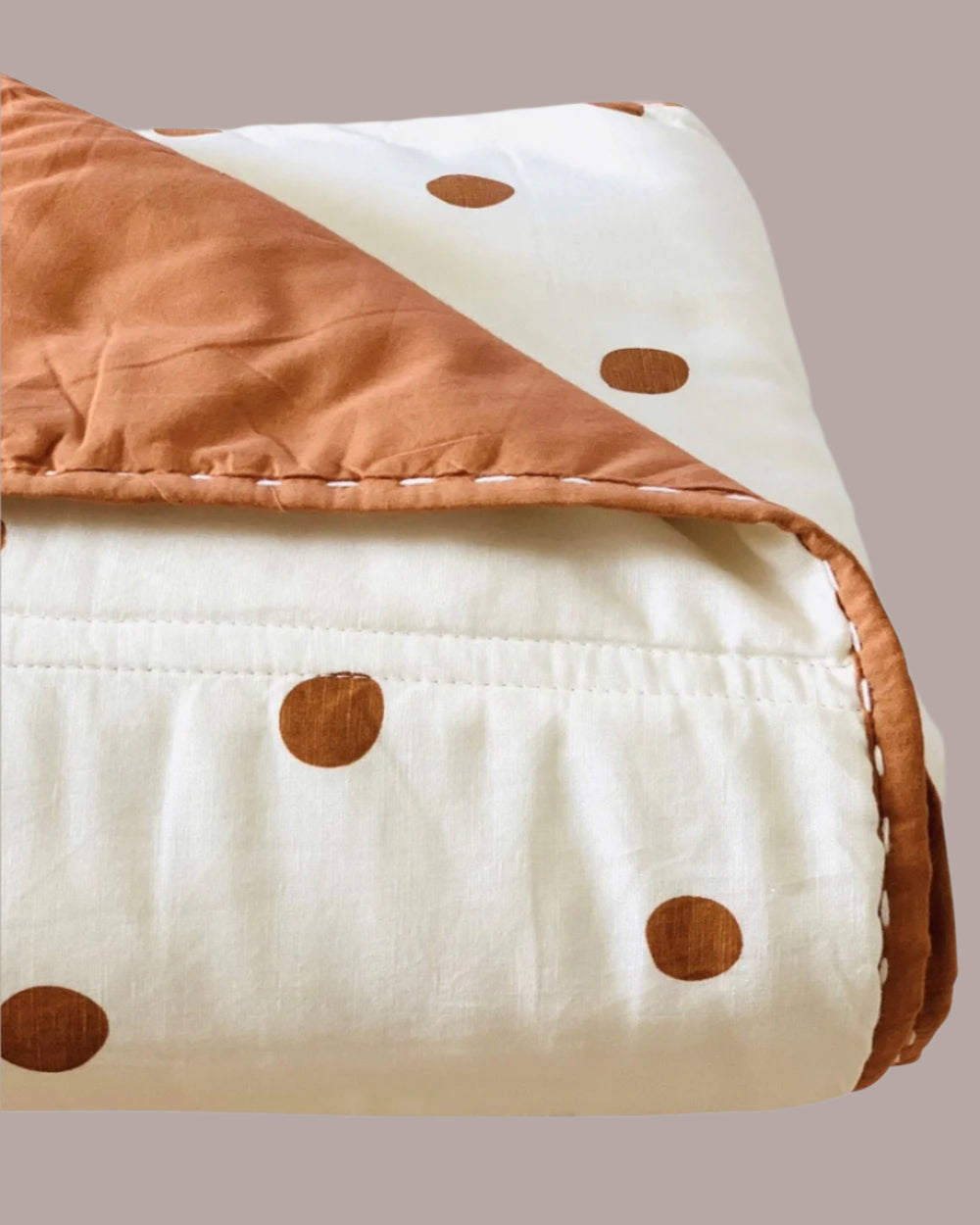 Polka Dot Reversible Quilt Coverlet Ivry - Tan Hand Stitched Trim Edge 